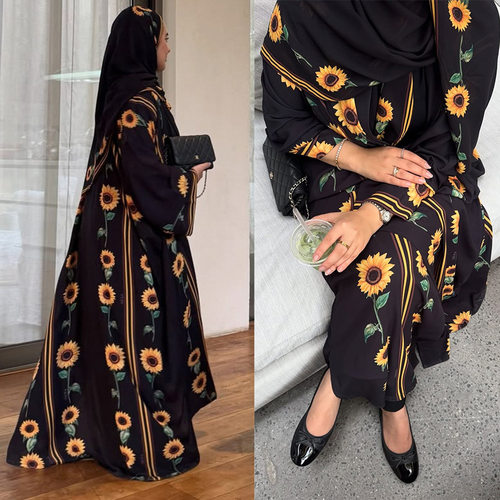 MQ254modest开衫长袍连衣裙含头巾跨境印花街头时尚abaya