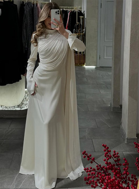 2025年新款欧美亚马逊跨境外贸女装褶皱不规则白色长袖修身连衣裙