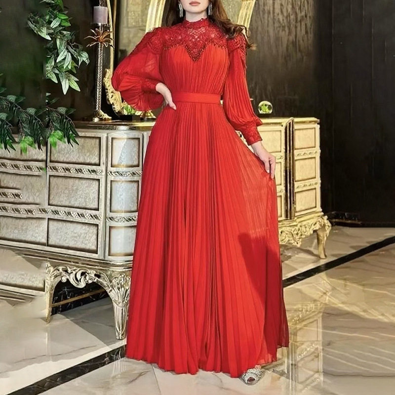 优雅女装礼服长裙2025秋季新款纯色收腰立领长袖大摆雪纺纱连衣裙