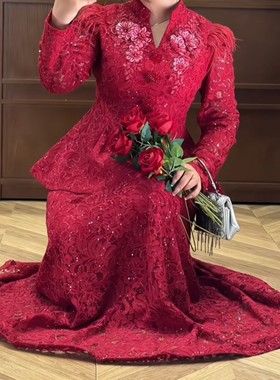 2026春装新款甜美气质镶钻圆领蕾丝拼接收腰网纱约会连衣裙