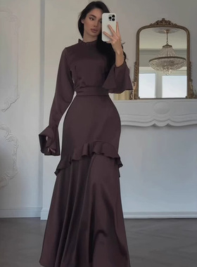 欧美亚马逊2025年新款外贸修身优雅柔美长袖设计感长裙连衣裙女