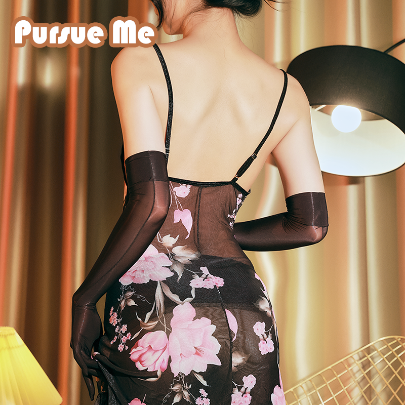 「追我 PursueMe」印花吊带短裙露肩挂脖睡衣纯欲风外穿蕾丝睡裙