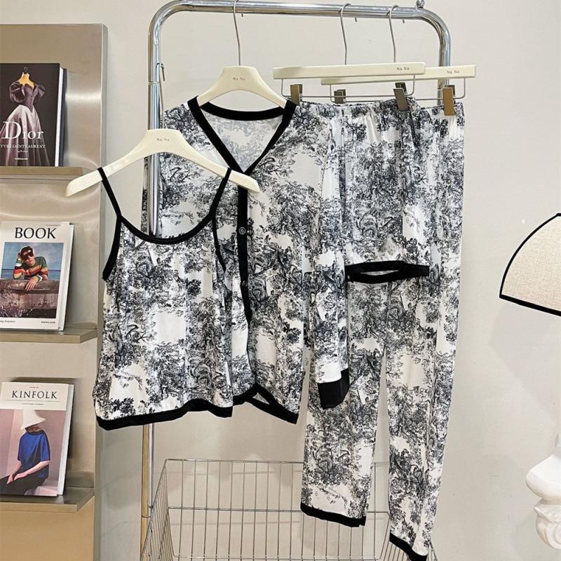 国潮风水墨画冰丝居家服四件套女夏新款时尚印花宽松大码睡衣套装