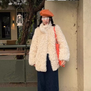 韩女托卡卷毛毛外套托斯卡纳加厚皮毛一体大衣立领皮草2025冬