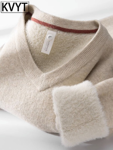 一体绒羊毛衫男新款保暖V领毛衣男款2025秋冬季加绒打底针织衫潮