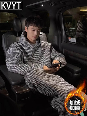 潮牌千鸟格连帽卫衣男痞帅高级感套装2025一整套入冬穿搭加绒卫裤