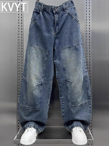 高端男士牛仔裤2025新款潮牌美式拼接阔腿弯刀裤男款工装裤春秋季