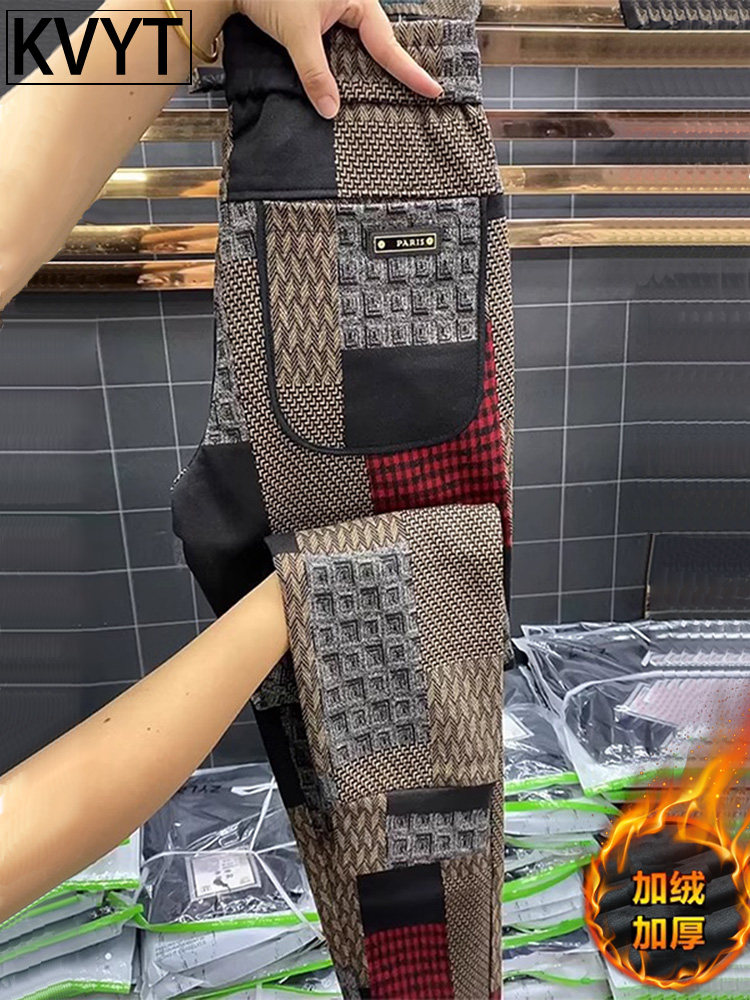 高端毛呢裤子男士冬季新款加绒加厚格子休闲裤男款痞帅小脚哈伦裤