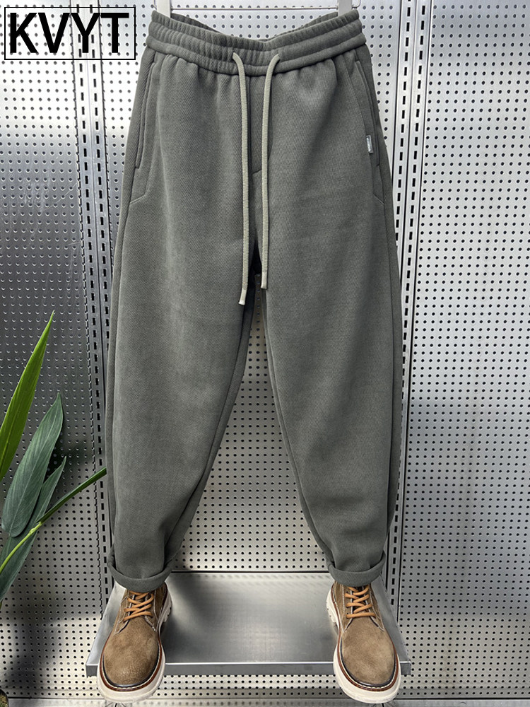 高端男士加绒加厚卫裤2025年秋冬季新款小直脚宽松运动裤男款长裤