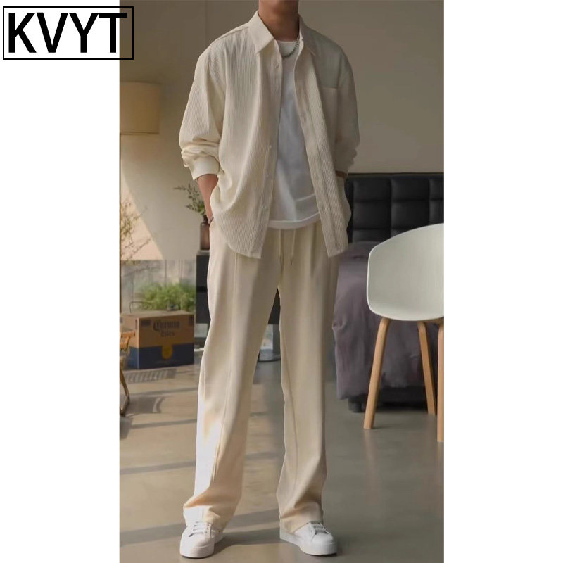 华夫格衬衫男装高级感穿搭套装2025新款春秋薄款搭配一整套时尚潮