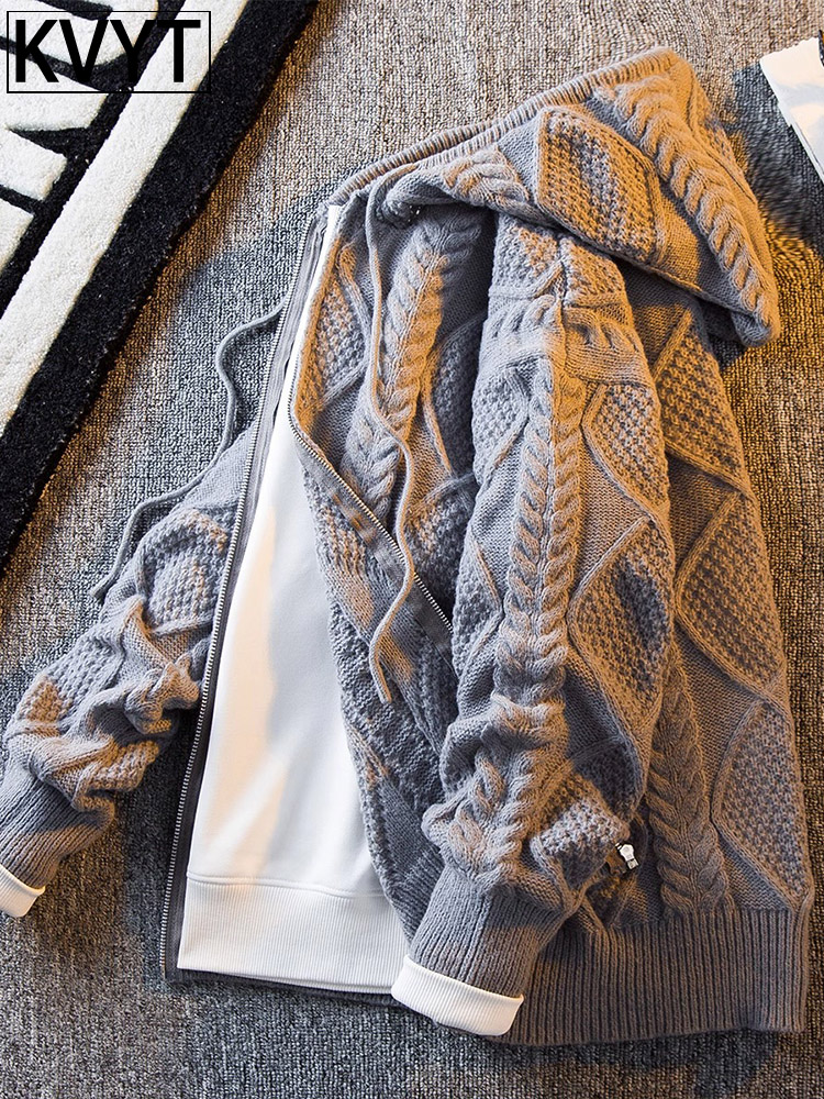 高端覆古麻花开衫毛衣男士秋季潮牌痞帅男装上衣男款线衣针织衫厚