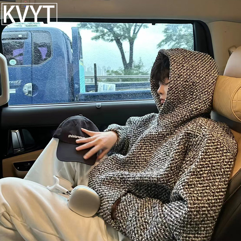 高级感小香风连帽卫衣男士2026新款潮牌美式加绒毛呢男装冬装外套