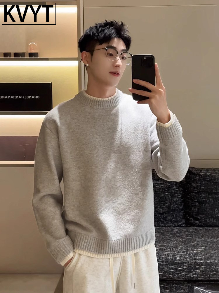 潮牌美式针织衫上衣男士2025年秋冬季新款加绒内搭打底衫男款毛衣