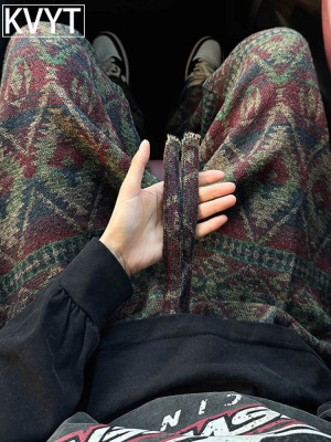 民族风提花中式卫裤男冬季加绒加厚潮牌设计感穿搭休闲长裤子男款