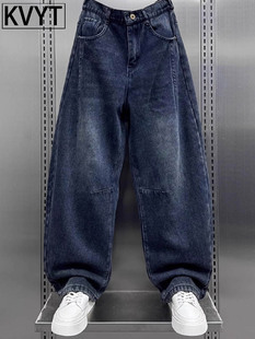 高端男士加绒牛仔裤美式覆古秋冬款宽松潮牌弯刀裤男款直筒长裤子