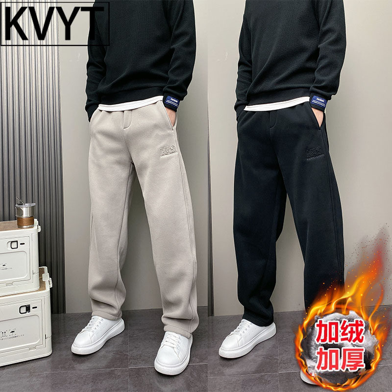 高端男士加绒卫裤2025年冬季新款宽松痞帅直筒哈伦长裤男款休闲裤