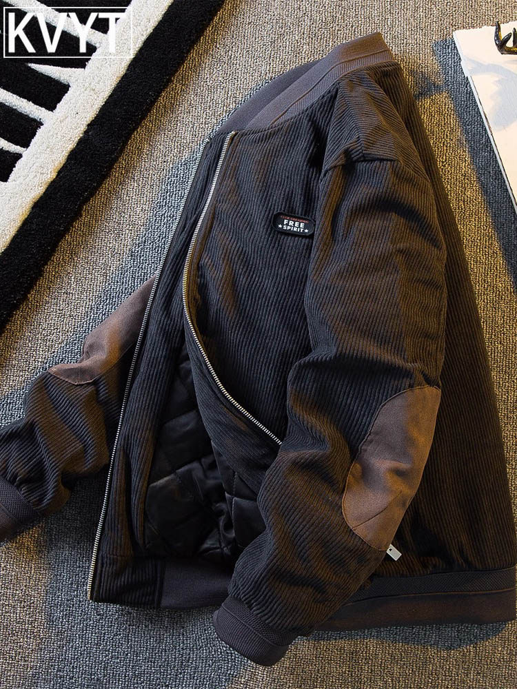 潮牌灯芯绒棉服男士秋冬季新款美式飞行员夹克棒球服棉衣外套男款