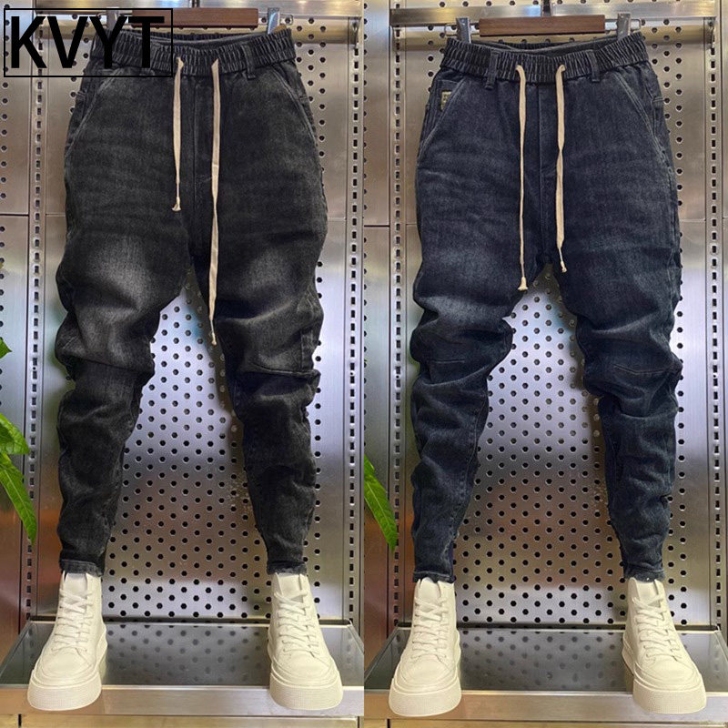 潮牌男士黑色牛仔裤2025春秋季新款弹力修身痞帅男裤子束脚哈伦裤