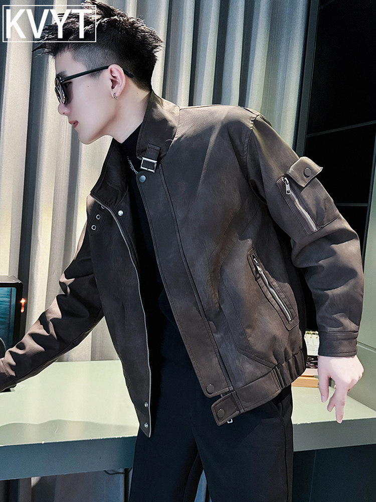 潮牌立领工装皮衣外套男士2025年秋季新款高端痞帅上衣男款皮夹克