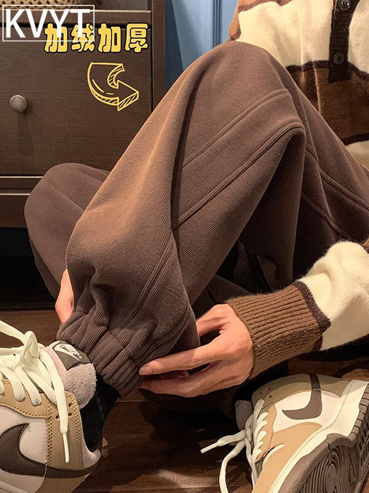 美式潮牌男生裤子秋冬款加绒加厚棕色重磅卫裤男款束脚休闲运动裤
