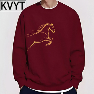 2026马年本命年衣服男士冬季新款酒红色卫衣男款加绒加厚圆领上衣