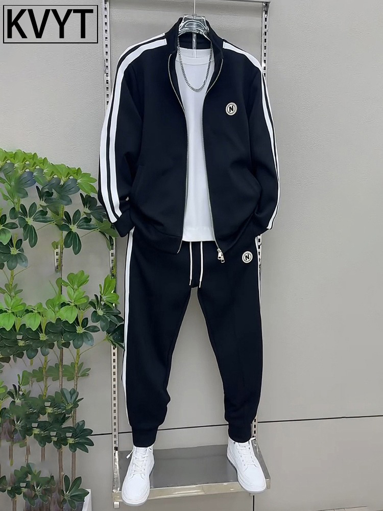 高端男士休闲运动套装2025年秋冬季新款加绒加厚外套长裤两件套男