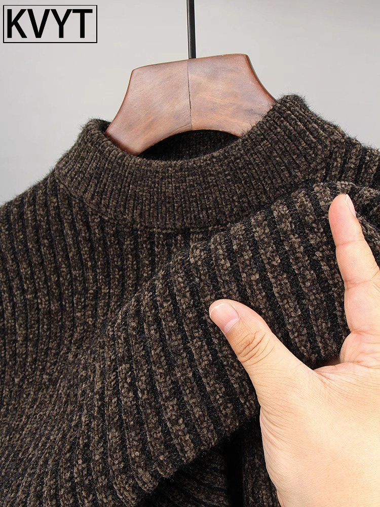 雪尼尔男士毛衣加绒加厚半高领针织毛衫男款保暖打底衫秋冬季新款