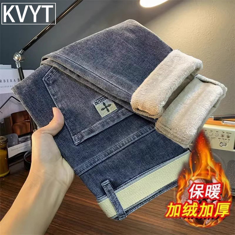 高端牛仔裤男款秋冬季新款羊羔绒加厚休闲裤男士弹力修身加绒长裤