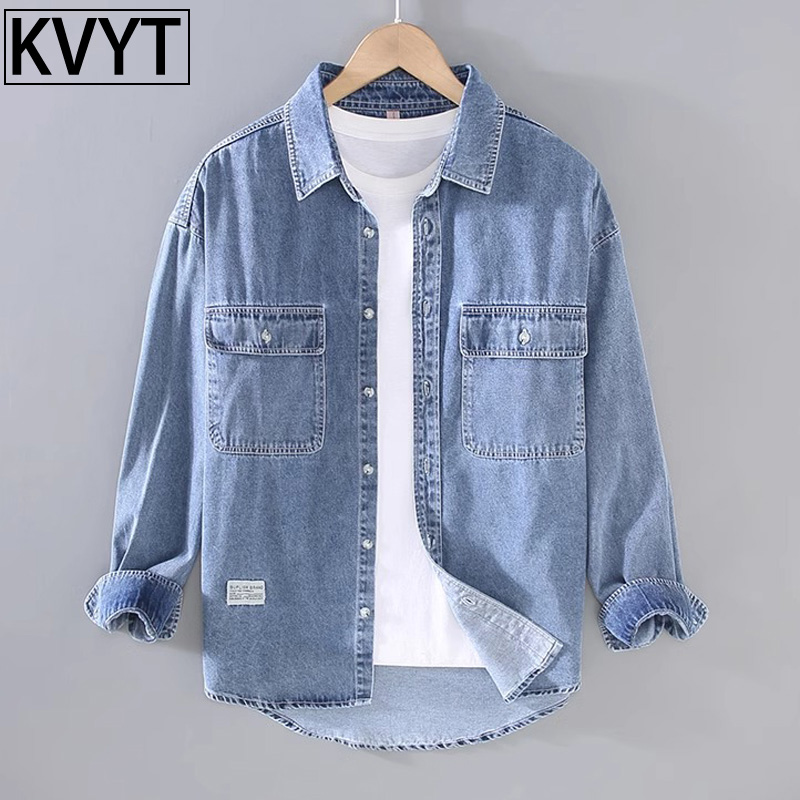 潮牌日系磨白牛仔衬衫男春秋季休闲宽松百搭长袖衬衫翻领工装外套