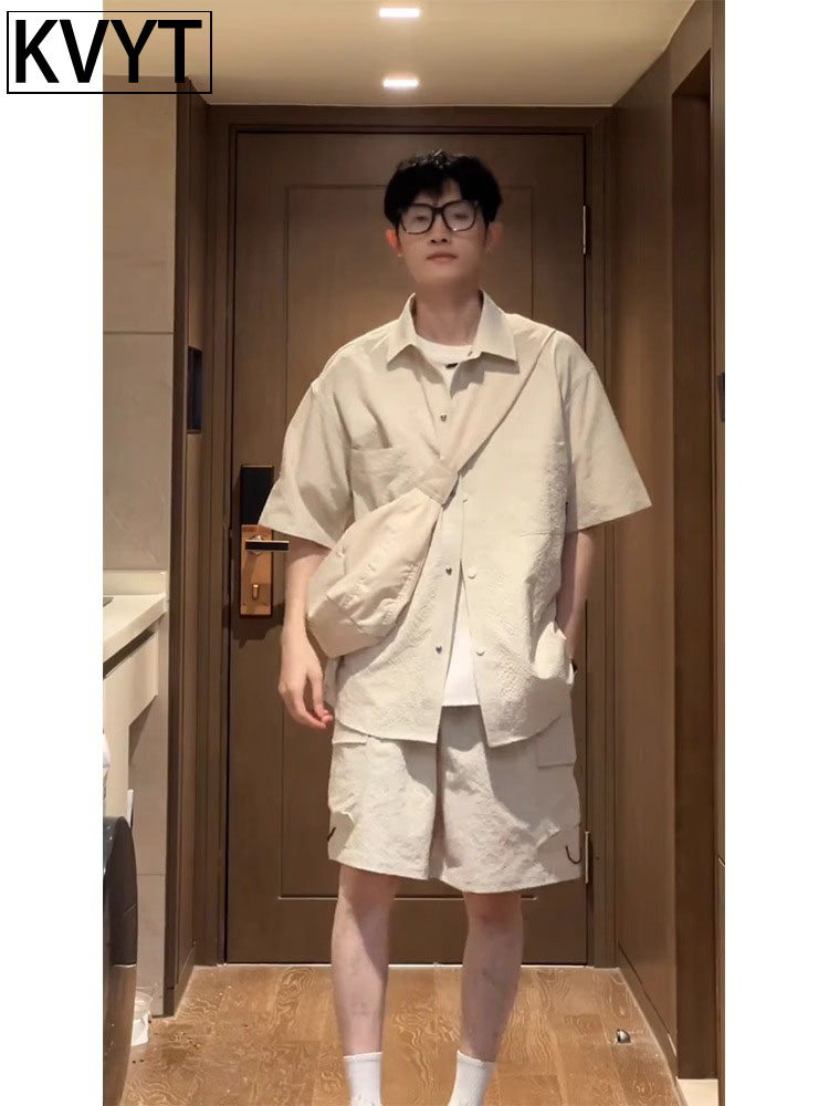 潮牌夏季男士休闲套装2025年新款泡泡纱短袖衬衫搭配短裤男装一套