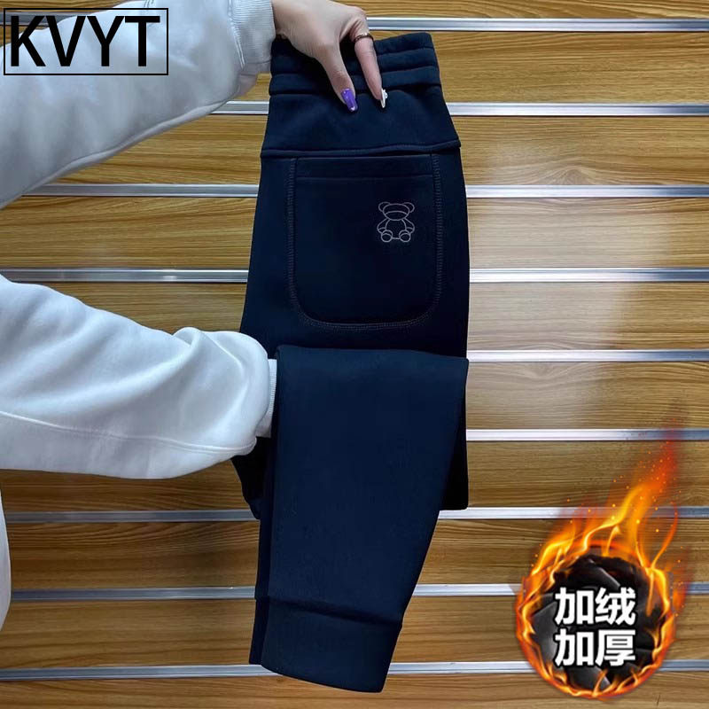 潮牌网红刺绣小熊男裤秋冬款卫裤加绒加厚潮牌弹力休闲时尚束脚裤