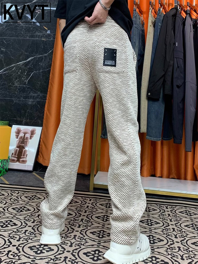 高端男士条纹卫裤秋冬款时尚阔腿直筒裤垂感休闲裤加绒加厚男裤子