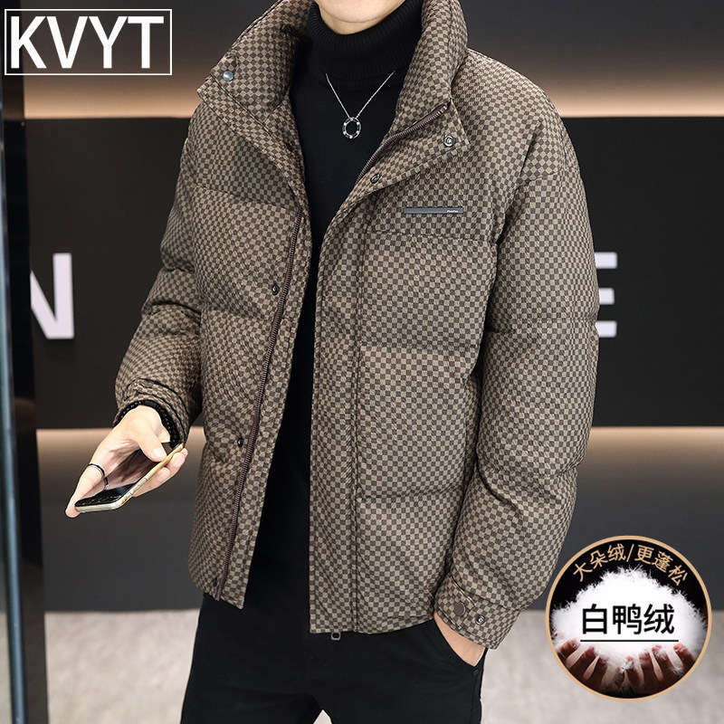 高级感格子羽绒服男款冬季2026新款加厚保暖防寒外套男款立领夹克