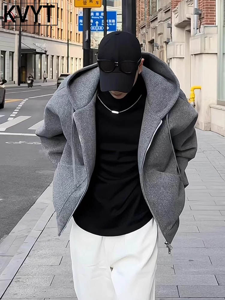 潮牌高级感毛呢连帽卫衣男款冬季厚款棉服设计感开衫夹克外套男士