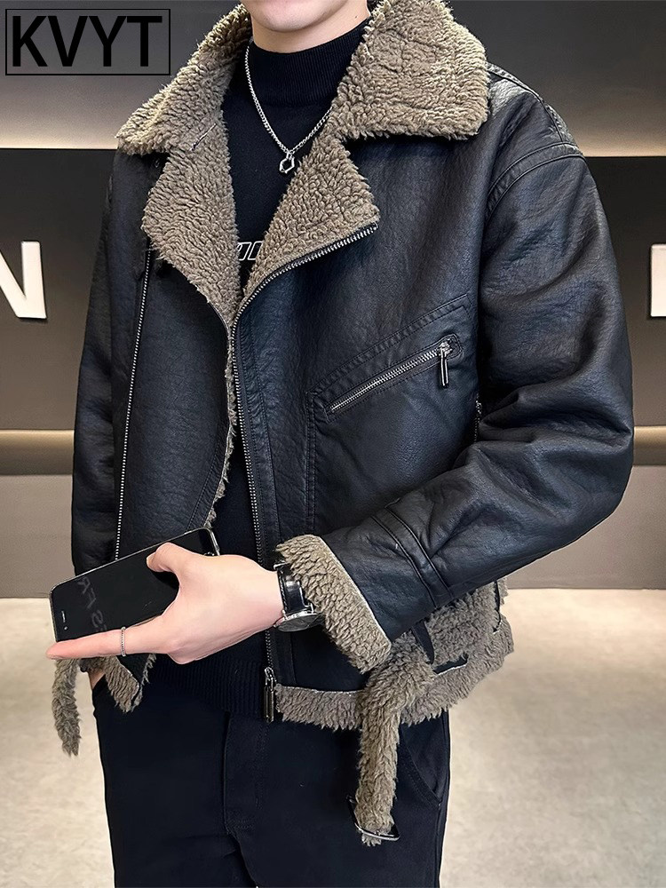 高端羊羔绒外套男士2025冬季新款潮牌时尚棉服皮衣男款百搭皮夹克