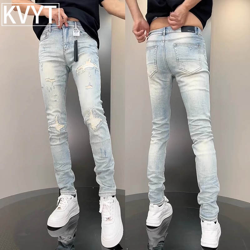 欧货破洞牛仔裤男款2025秋季新款痞帅弹力修身男裤子休闲 窄脚裤