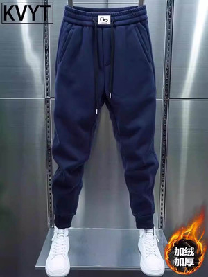 高端男士运动卫裤弹力修身冬季加绒加厚潮牌男裤子休闲小脚哈伦裤