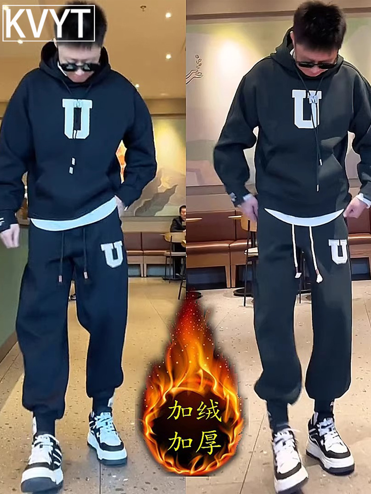 潮牌休闲运动套装男士2025秋冬新款加绒卫衣卫裤男装搭配一套帅气