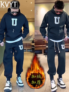 潮牌休闲运动套装男士2025秋冬新款加绒卫衣卫裤男装搭配一套帅气