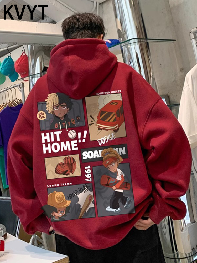 酒红色连帽卫衣男款秋冬季重磅美式覆古外套加绒加厚卡通上衣男生