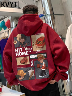 酒红色连帽卫衣男款秋冬季重磅美式覆古外套加绒加厚卡通上衣男生