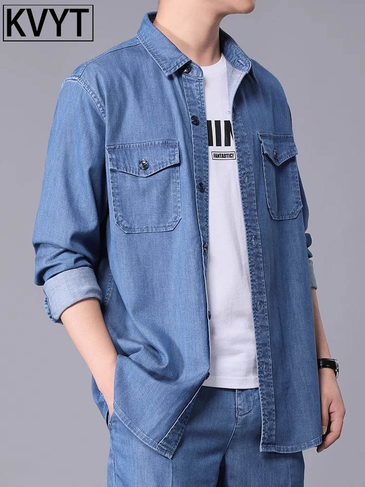 高端天丝牛仔衬衫男长袖2025年春秋季新款超薄款宽松衬衣男士外套
