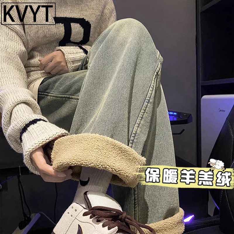 羊羔绒裤子男冬款加绒加厚牛仔裤男款2025新款潮牌美式直筒休闲裤