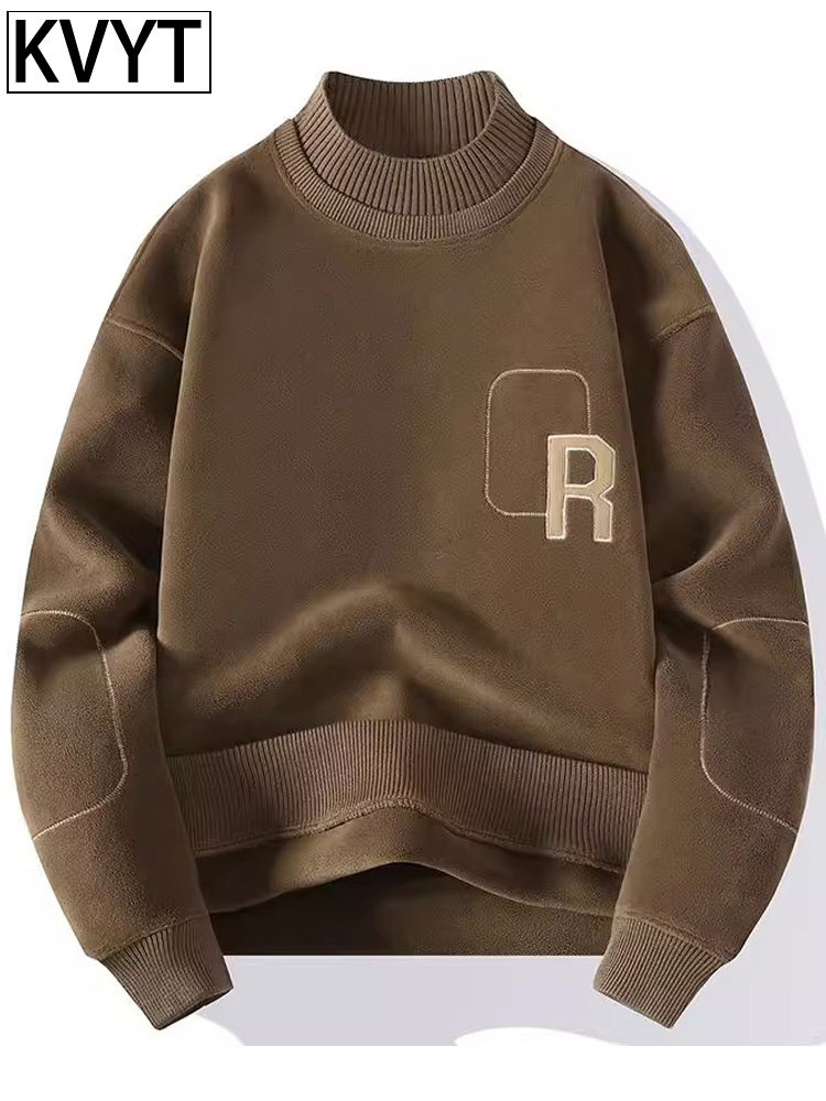 摇粒绒卫衣男款秋冬季新款刺绣半高领男生上衣加绒加厚双面绒体恤