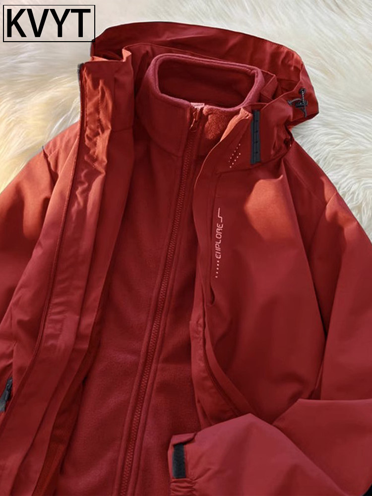 酒红色男士外套新款2025爆款冲锋衣三合一可拆卸冬季加绒夹克男款