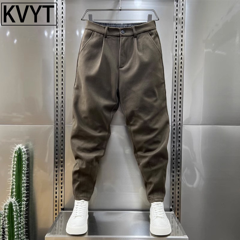 毛呢西裤男款2025秋冬季新款潮牌弹力修身小脚裤子男士束脚哈伦裤