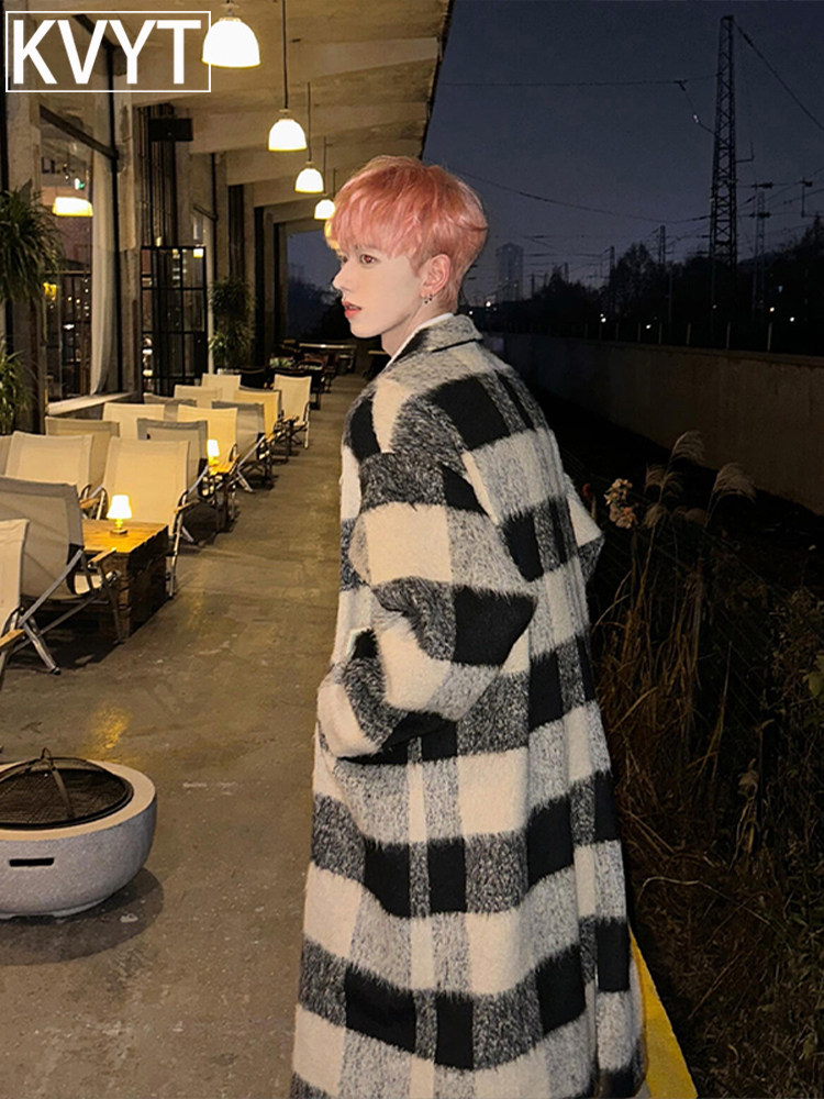 潮牌男士毛呢大衣2025年秋冬季新款高端韩版格子风衣男中长款外套