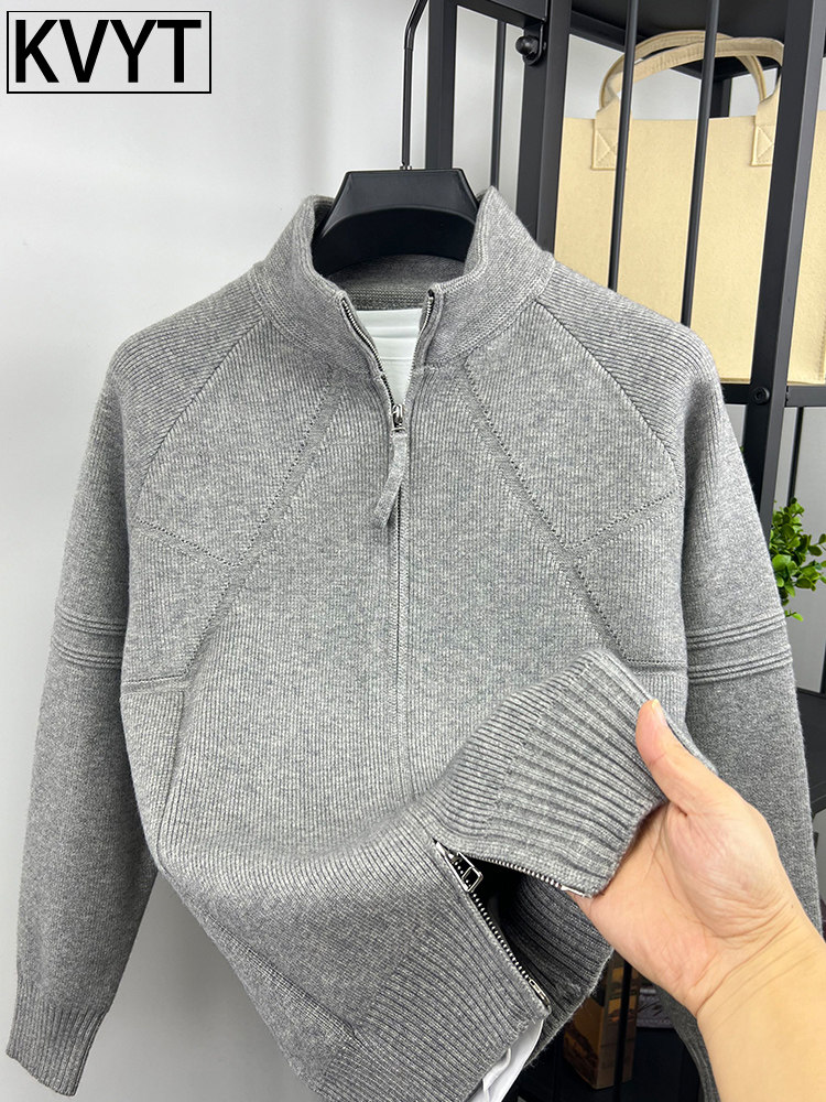 高端轻奢针织衫男款2025年秋冬季新款宽松加厚夹克上衣男立领外套