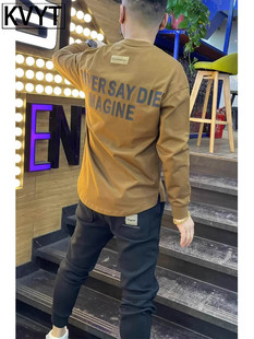 咖色圆领卫衣男士春季2025新款字母时尚男装休闲上衣男款长袖T恤