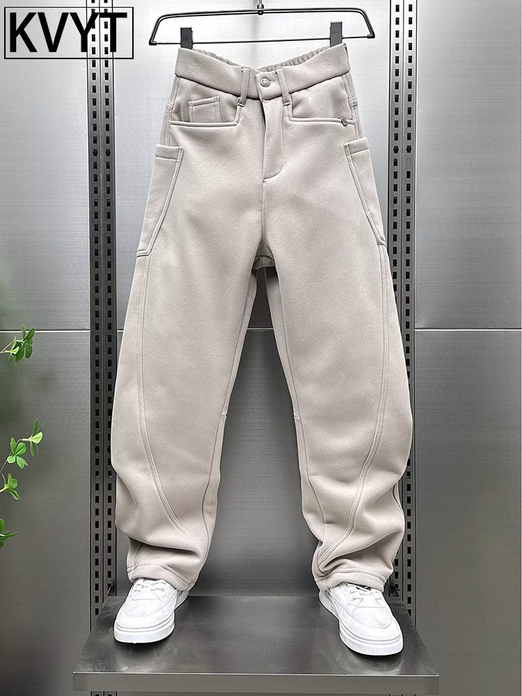 2025欧货爆款弯刀裤男款冬季新款潮牌运动裤加绒加厚卫裤阔腿男裤